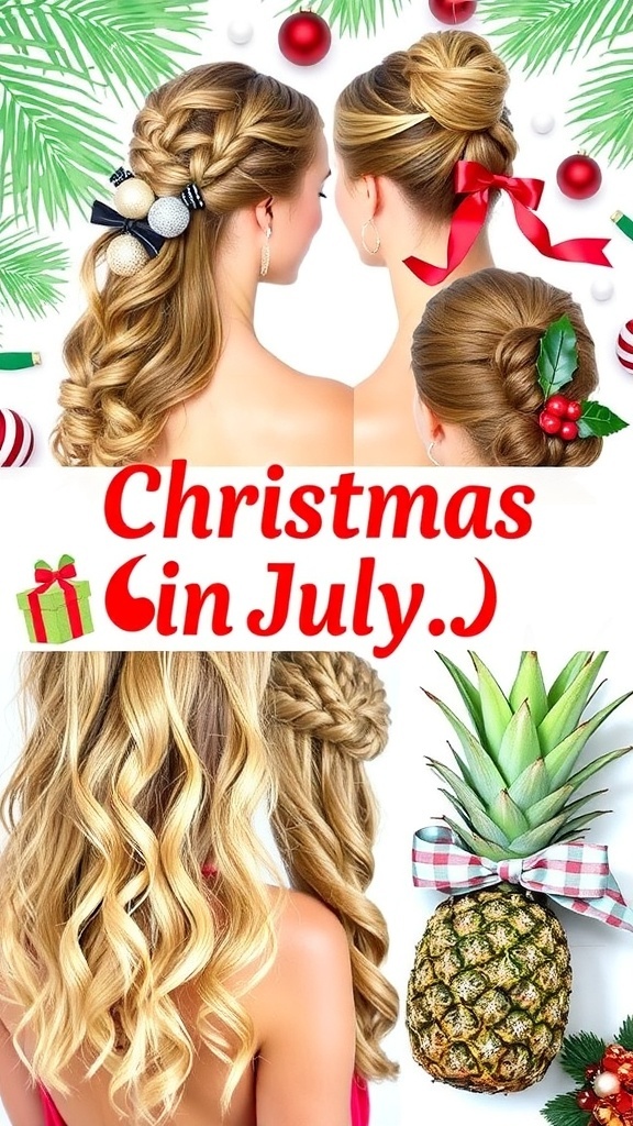 Festive Christmas in July Hairstyles A collection of creative hairstyles for Christmas in July, showcasing festive elements and summer vibes.